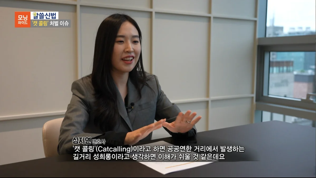 심지연 변호사가 SBS 모닝와이드에서 '캣콜링'(거리 성희롱) 처벌 이슈를 설명하는 인터뷰 장면